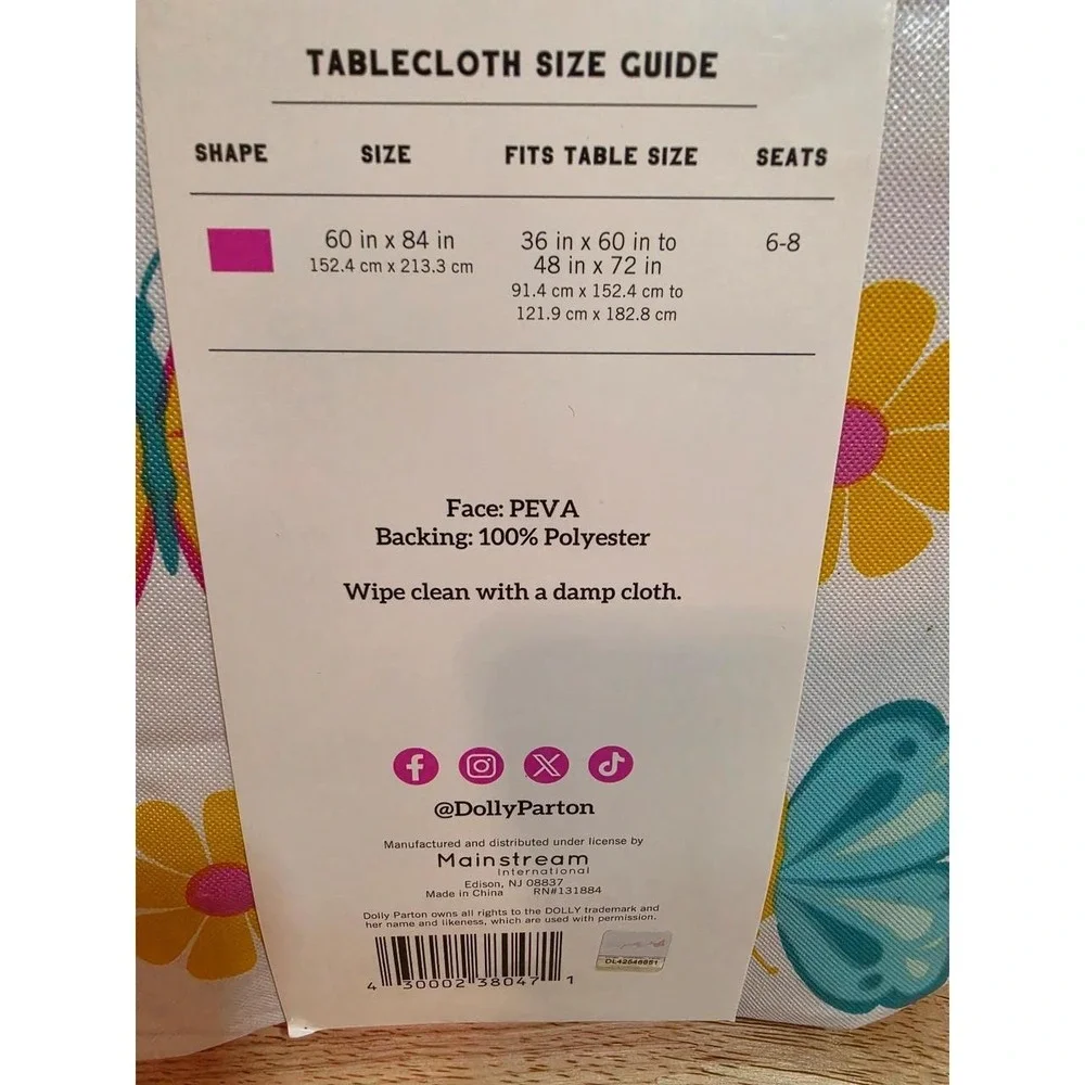 Dolly Parton printed PEVA tablecloth colorful butterfly and floral pattern